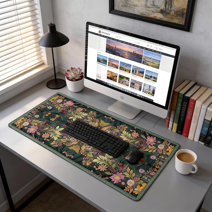 Floral Aesthetic Wildflower Gaming Mouse Pad, Forest Green Rug Desk Mat with Anti-Slip Base & Stitched Edges,35.4" x 15.7" in Desk Accessories for Women, Home Office Decor & Artistic Gift