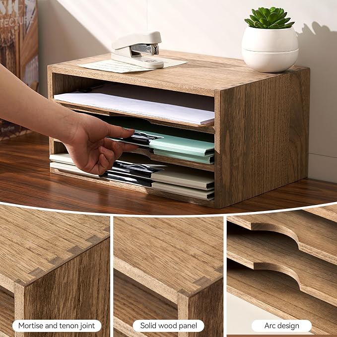 KIRIGEN Wooden Desk Organizer 3-Tier Letter Tray and Paper Sorter, Brown | Solid Wood Paper Tray Document Holder Organizer for Letters, Files, Folders, Mail, Magazines and Office Supplies