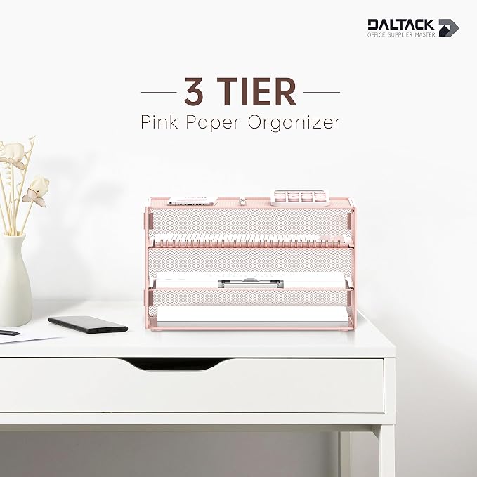 DALTACK 3 Tier Letter Tray Paper Organizer with Sliding Mesh Trays Pink | Metal Mesh File Organizer with Sliding Trays for Letter and A4 Paper, Mail, Bills, Folders and Office Documents