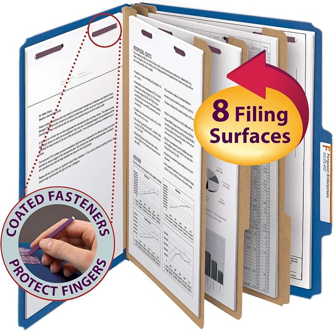 Smead Pressboard Classification File Folder with SafeSHIELD® Fasteners, 3 Dividers, 3" Expansion, Letter Size, Dark Blue, 10 per Box (14096)(Pack of 5)