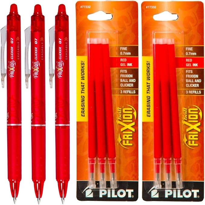 Pilot Frixion Clicker Retractable Erasable Red Gel Ink Pens, 3 Pens 6 Refills