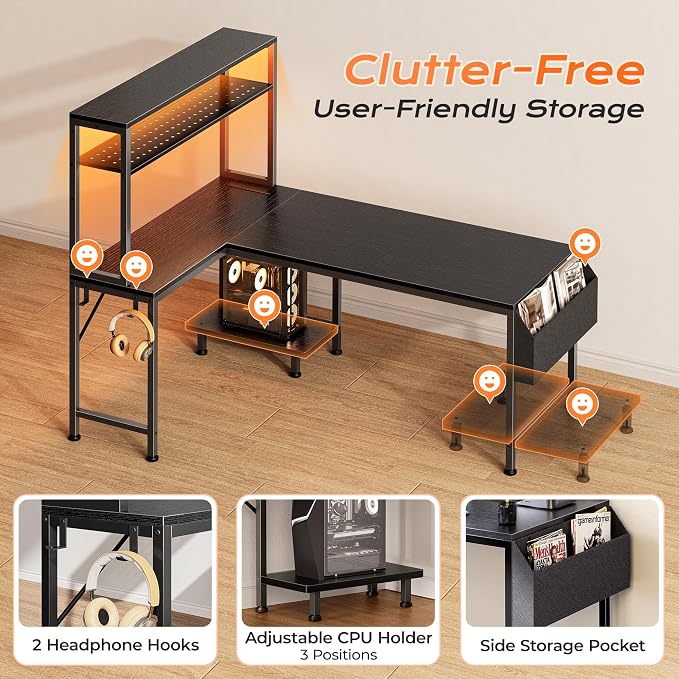 L Shaped Gaming Desk with LED Lights & Power Outlets | Reversible Computer Desk with Storage Shelves & Bag, Large Corner Home Office Desk with Pegboard for Work from Home, Black