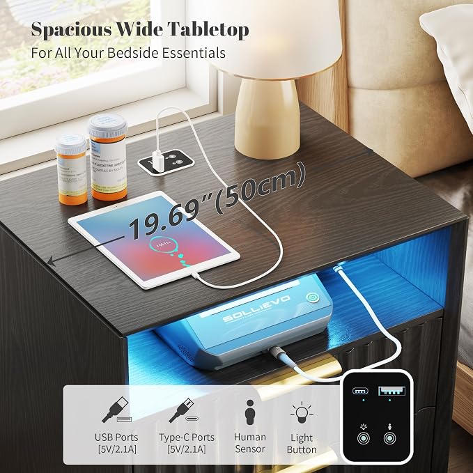 20“ W Fluted LED Nightstand with Charging Station, RFID Lock, Black | Bedside Table with Hidden Drawer, 2 Drawers, Open Cubby, Motion Sensor, USB and Type-C Ports, Night Stand for Bedroom