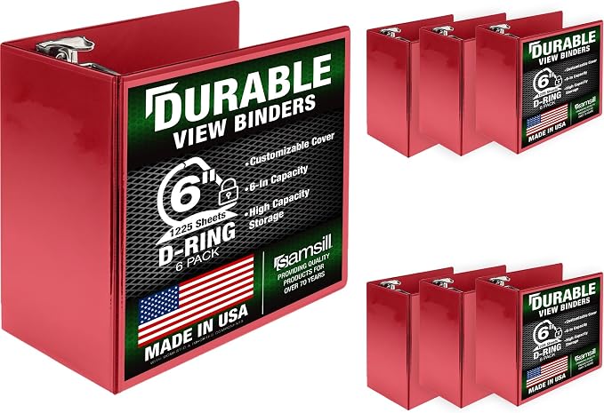Samsill Durable 6 inch 3 Ring Binder, Locking D Ring Binder, Customizable Clear View Cover, Red, 6-Pack, Holds 1225 Pages