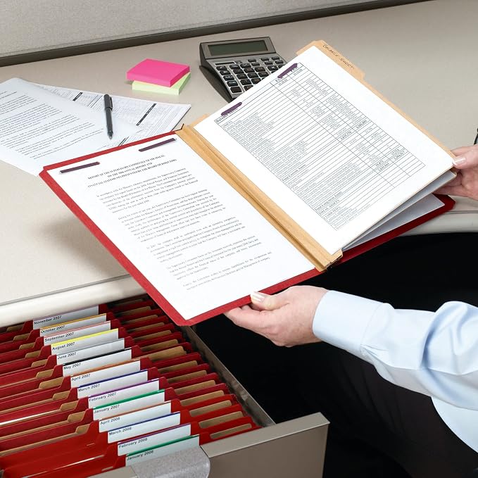 Smead Pressboard Classification File Folder with SafeSHIELD Fasteners, 3 Dividers, 3" Expansion, Legal Size, Bright Red, 10 per Box (19095) (Pack of 1)