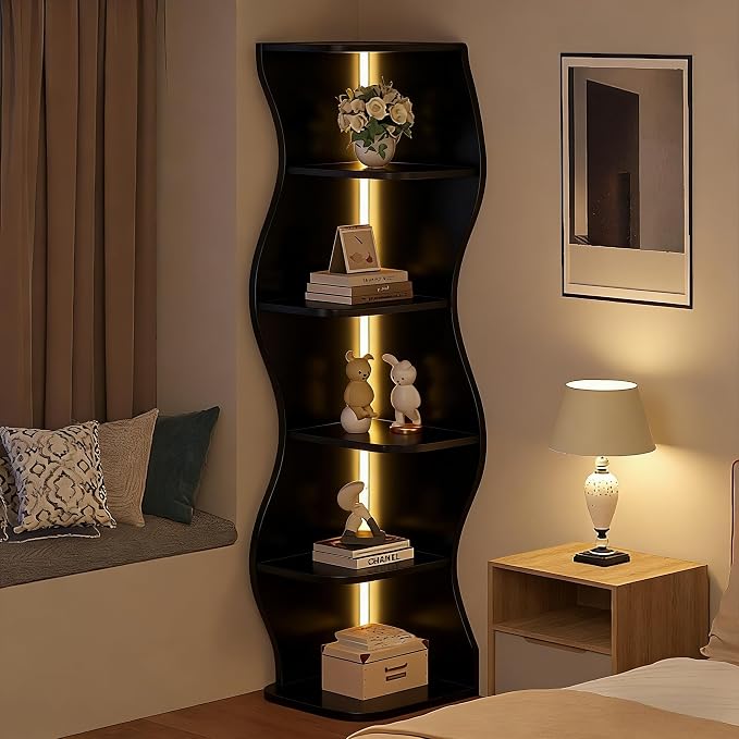 VECELO 6-Tier Wave Corner Bookcase with LED Lights, 90° Right-Angle Tall Narrow Bookshelf, Wooden Corner Display Stand Storage Shelf for Small Spaces, Living Room, Bedroom, Home Office (Black)