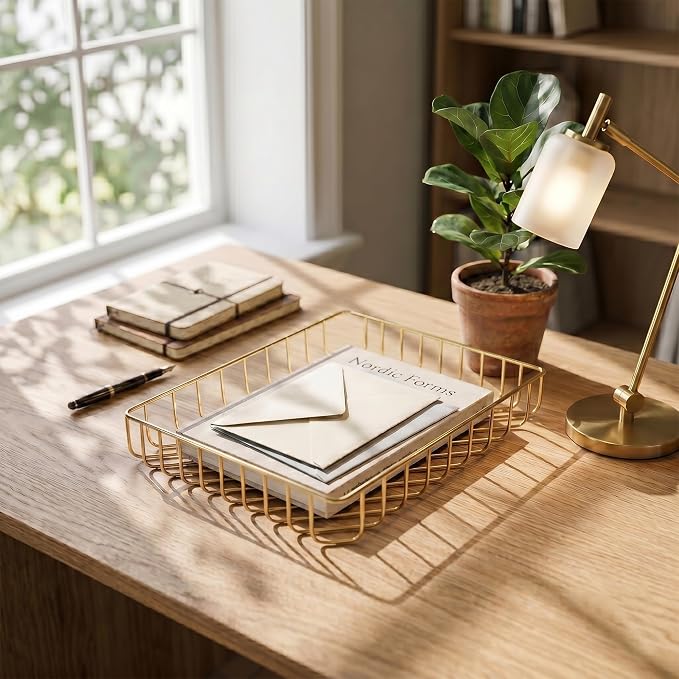 Elegant Wire Desk Tray Organizer - Multipurpose A4 Letter Size File Tray, Premium Metal Mesh Document & Magazine Holder, Luxury Storage Basket for Office, Vanity, & Bathroom, Gold