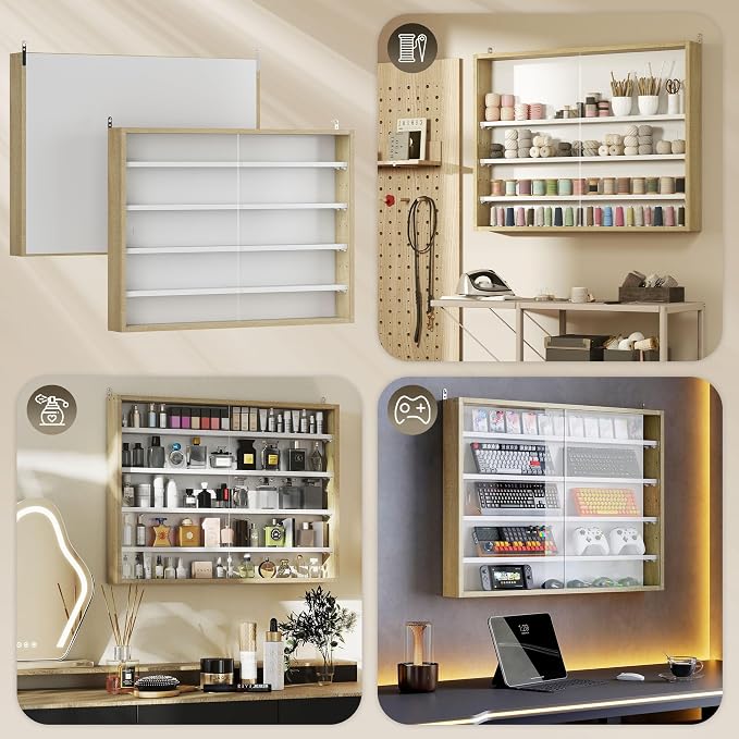 HOMCOM 5-Tier Wall Mounted Display Cabinet Glass Doors 60x80cm White/Oak | Display Case, 4 Adjustable Shelves, for Home Office Ornaments