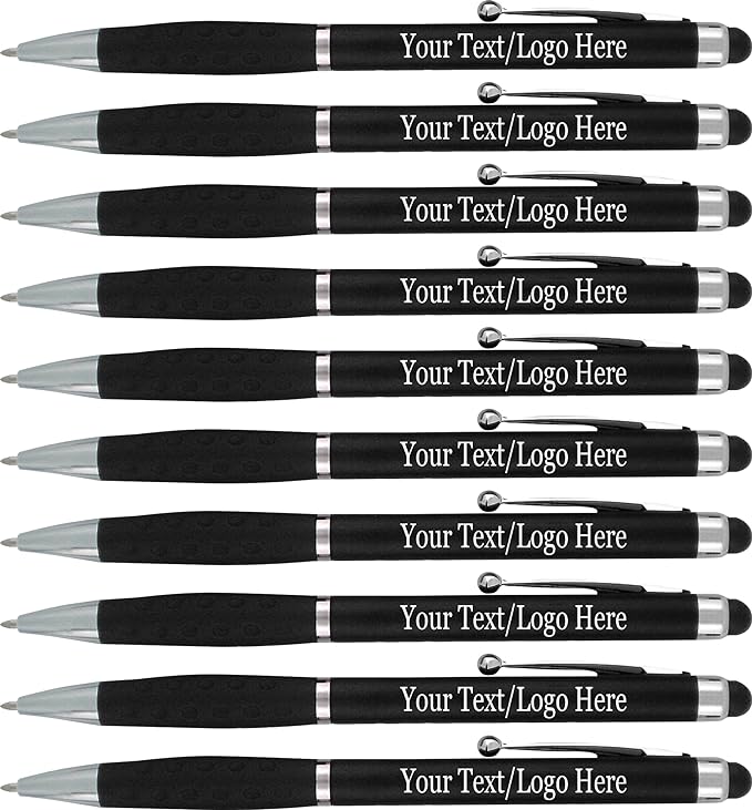 SyPen Personalized Stylus Pens With your Custom Logo or Text-300 Pack Bulk-for Businesses, Parties, and Events, 2 in 1 Ballpoint Pen & Stylus for Touchscreen Devices, Black Barrel, Black Ink