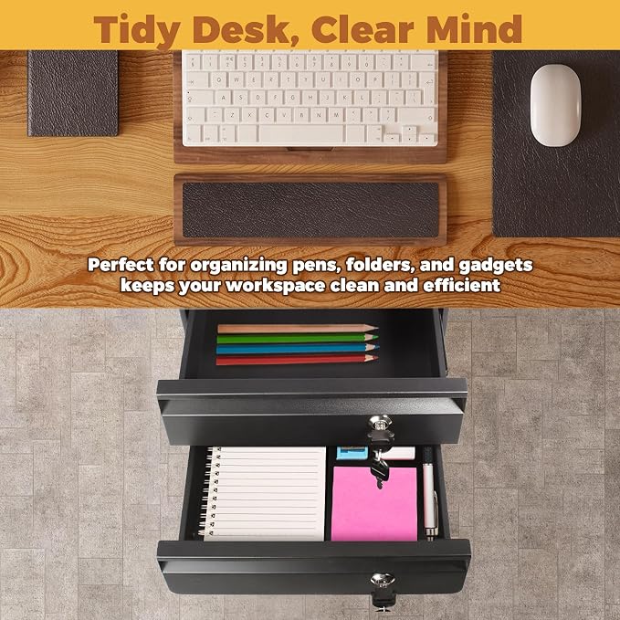 POPMOON 14" D Double Under Desk Drawer Lockable Pull Out Storage Organizer | Metal Under Table Drawer with Lock & Key, Adjustable Height Under Desk Drawer Slide Out Smooth Slide Rails, Tier Hold 33 lbs