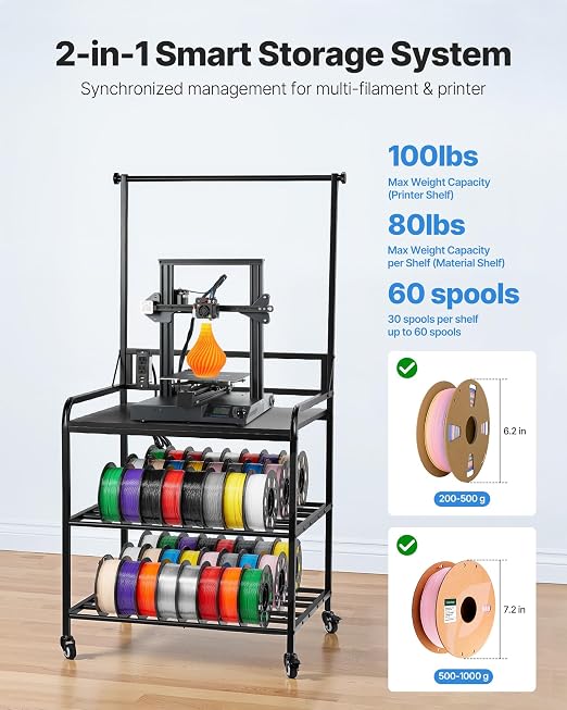 VEVOR 3D Printer Filament Storage Rack with Power Strip, 3-Tier Stand with Filament Storage, Spools Holder Racks Cart with Wheels, Filaments Organzied for 3D Printing Station, Workshop (Shelf Only) | Spool Holder Racks Cart with Wheels for 3D Printing ...