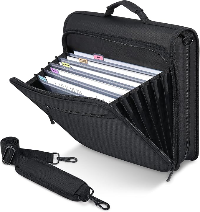 MoKo Zipper Binder, 2-Inch 3-Ring, 500 Sheets, 5-Tab File Folders, Black | 420D nylon with five dividers, multiple pockets, a padded handle and adjustable shoulder strap.