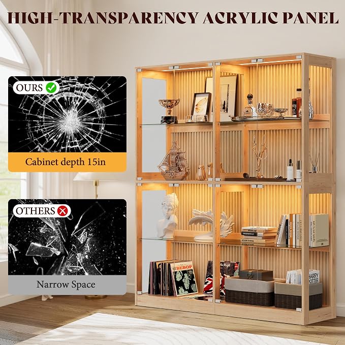 AMERLIFE 60-Inch RGB Display Cabinet with Glass Shelves | 70 H x 60 W x 16 D In, 4-Tier Storage, RGB LED Lights, Press-to-Open Doors, for Collectibles, Wood-Grain Slatted Finish