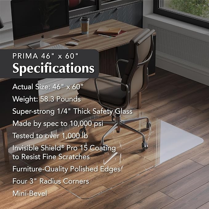 Vitrazza Glass Chair Mat 46” x 60” Superior ¼ Thick, Luminoso Low-Iron Ultra Clear, Certified Tempered Safety Glass, Delivers a Smooth Glide, Protects Carpet or Wood, Beautiful in Home or Office.