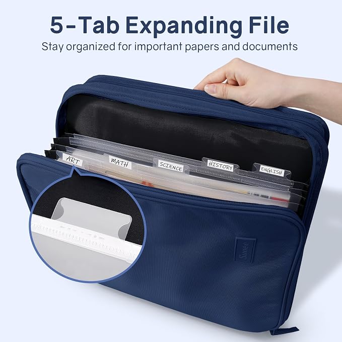 SUNEE Zippered Binder Bag with Handle, 2-Inch 3-Ring O-Ring, 500-Sheet Capacity, Includes Zip Pocket, 5-Tab Expanding File Folder, Multi-Pocket Organizer Binder for Middle School, Navy