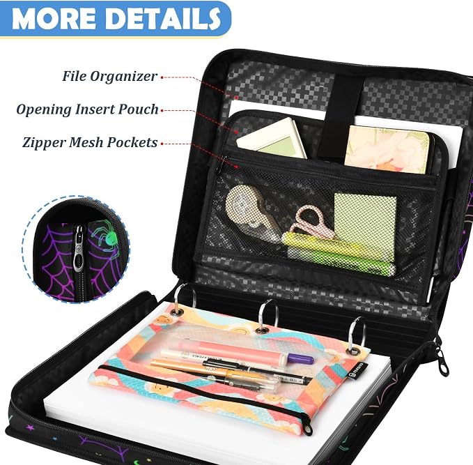 Goth Bat Spider Web Zipper Binder File Organizer Bag 3 D-Ring | with Shoulder Strap, Holds 500 Sheets & 14in Laptop, 3 Ring Binder for Office Supplies