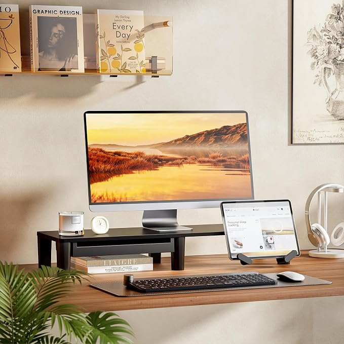 Ergonomic Monitor Stand Riser with Storage Drawer | Computer Riser For PC, Laptop,31.5" desk monitor stand,Desktop Shelf Organizer,For Home Office