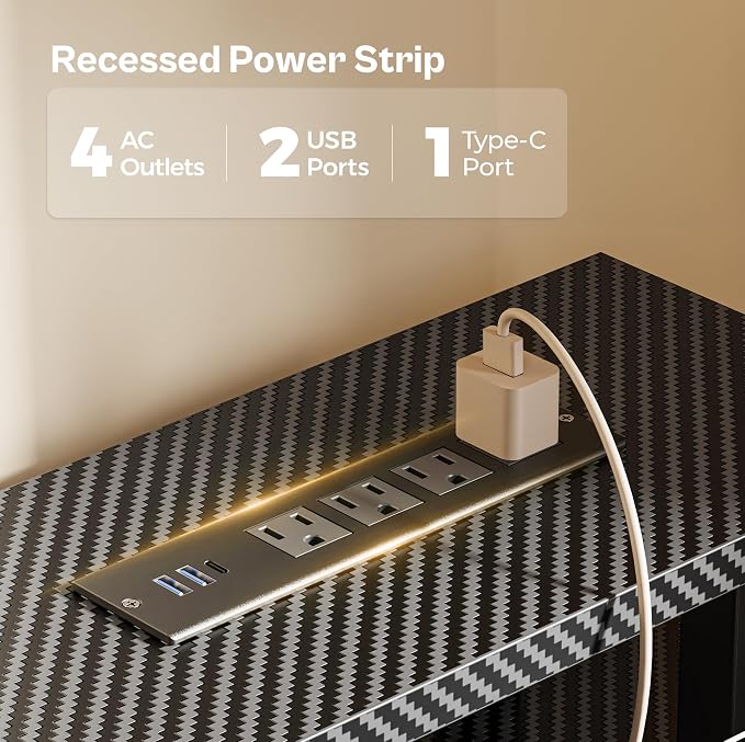 Huuger 47 inch Computer Desk with Power Outlets & 4 Drawers | Gaming Desk with LED Lights, Home Office Desk with Storage Space, Work from Home, Carbon Fibre Black