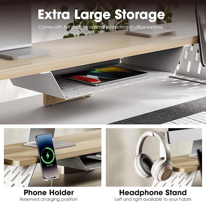 Fenge Dual Monitor Stand, Wooden Desk Shelf with Headphone & Phone Holder | 42.5" Monitor Riser with Storage Shelf, 2-Tier Monitor Shelf with Metal Leg for Home Office Organizer, Oak