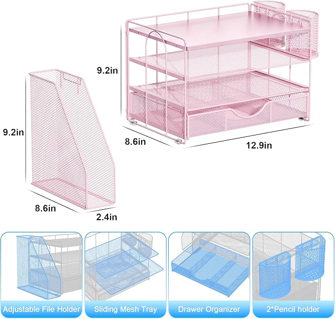 gianotter Wood Desk Organizers and Accessories with File Holder, 4-Tier Desk Accessories & Workspace Organizers with Drawer and 2 Pen Holder, Desk Reference Organizer (Pink, 4T with Metal Drawer)