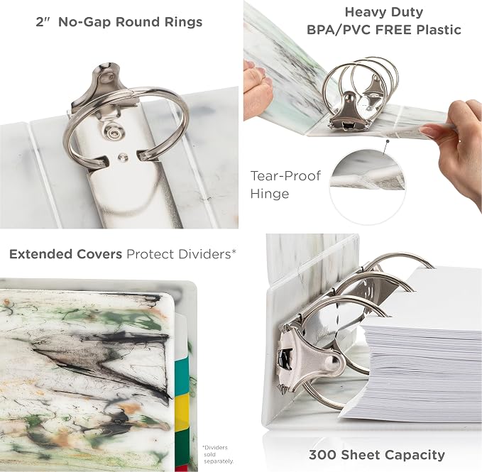Carstens Limited Edition 2-Inch Green Marble Heavy Duty 3-Ring Binder – Side Opening, Waterproof, Durable Plastic, No-Gap Rings, Holds 300 Sheets, BPA-Free, Made in USA (2843-3R), Case of 16