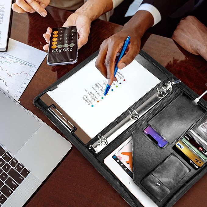 WRIYES Zippered Portfolio Organizer with 3 Ring Binder, Black | Leather Padfolio, Professional Business Binder, Organizer for iPad/Document, Phone & Business Cards
