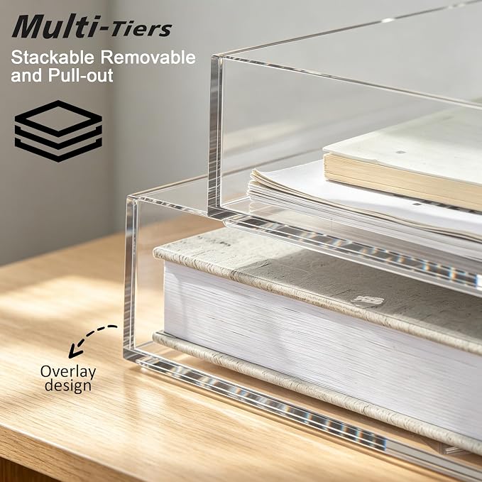 4-Tier Paper Tray Organizer Extra Large - Stackable Acrylic Desk Organizer | clear document sorter, vertical file holders, letter storage, workspace accessories, home, office, school, teachers, students