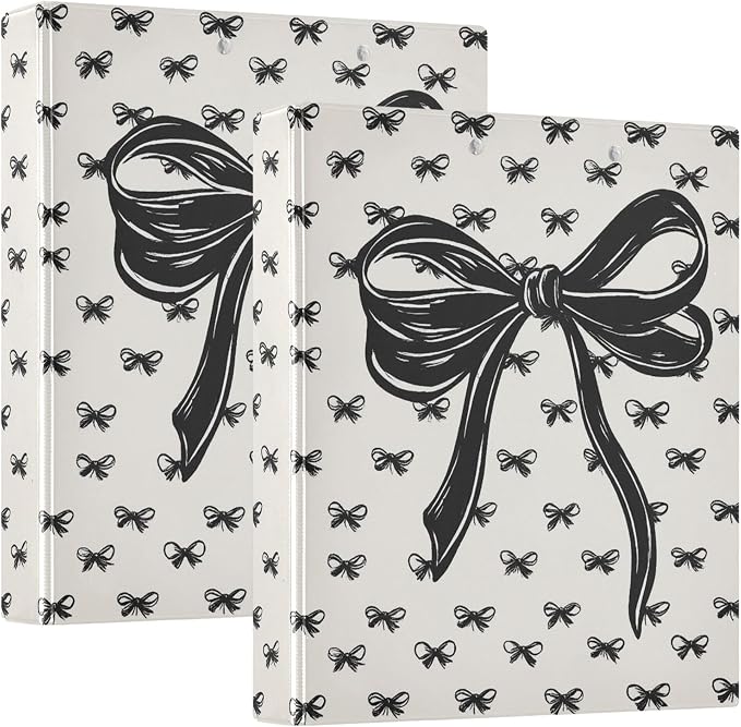 Bow White Black Coquette Round Ring Binders 1.5 Inch Bowknot Doodle Pattern 3 Ring Clipboard Binder for Office School Work Supplies File Folder Document 200 Sheet Capacity Easy Open 2 Pieces