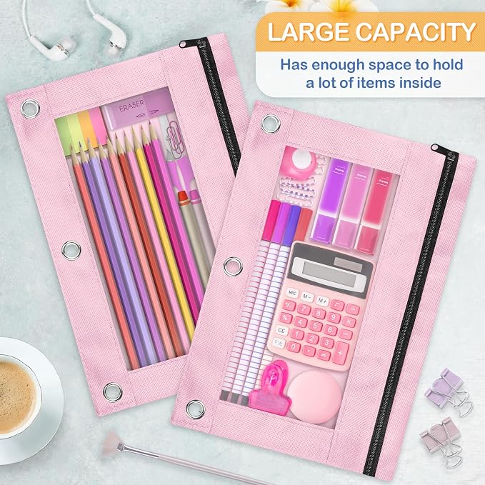 100 Pack 10 Colors Pencil Pouch for 3 Ring Binder,Binder Pencil Pouch | Clear Window Pencil Case Binder, Durable Zipper Pencil Pouch, Pencil Pouches Bulk Pencil Bags for School and Office Supplies