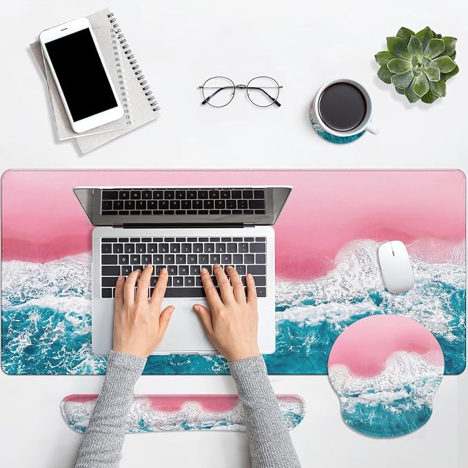 Keyboard Mouse Pad Set, 4 in 1 Desk Mat Set, Pink Sand | Beach Blue Sea Large Mousepad+Keyboard Wrist Rest+Mouse Wrist Rest+Coaster Ergonomic Design for Home Office Computer