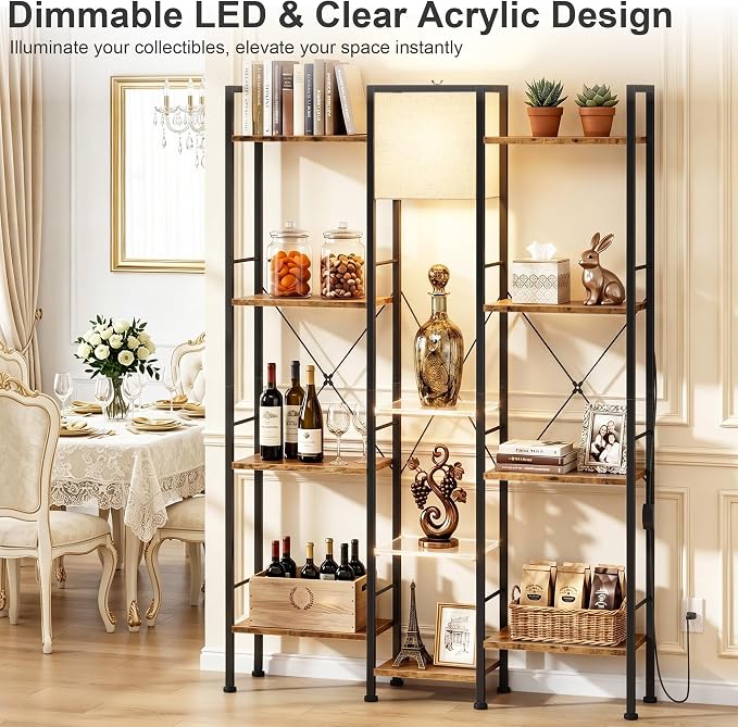 AFLUI Triple 4 Tier Industrial Bookshelf with Light, 11 Shelves | 2 Acrylic and Light for Better Display, Wide 3 Column Open Storage Fits Book or Decor, Industrial Metal Frame for Living Room