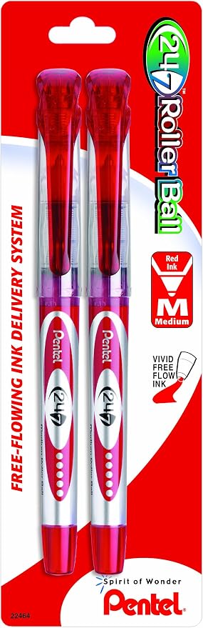 Pentel 24/7 Roller Ball Pen, Medium Line, Red Ink, 2 Pack (BLD97BP2B)
