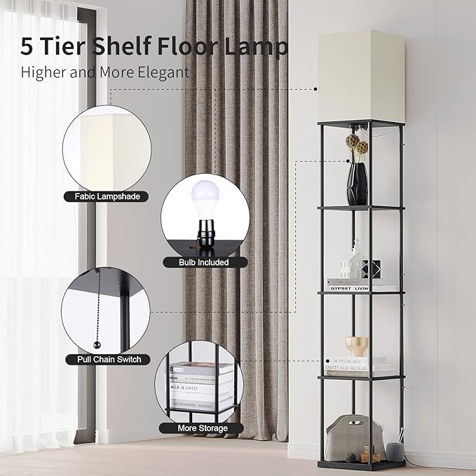 SUNMORY 5 Tier Floor Lamp with Shelves, Modern Square Standing Lamp with 3 Color Temperature Bulb, Corner Display Bookshelf Lamp for Living Room and Bedroom, Tall Shelf Floor Lamp | 3 CCT LED Bulb Include, 70" Tall Corner Shelf Lamp, Display Bookshelf,...