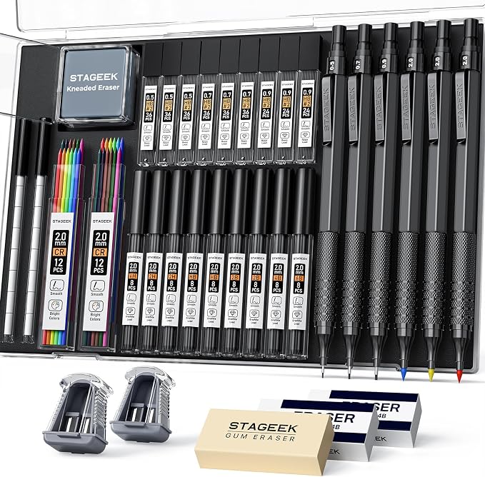 STAGEEK 35PCS Mechanical Pencil Set, 0.5 0.7 0.9 2.0mm Drawing Pencils | 384PCS Lead Refills (6B 4B 2B HB 2H 4H Colors),Sharpener, Erasers,Technical Drawing Kit for Writing, Sketching and Drafting