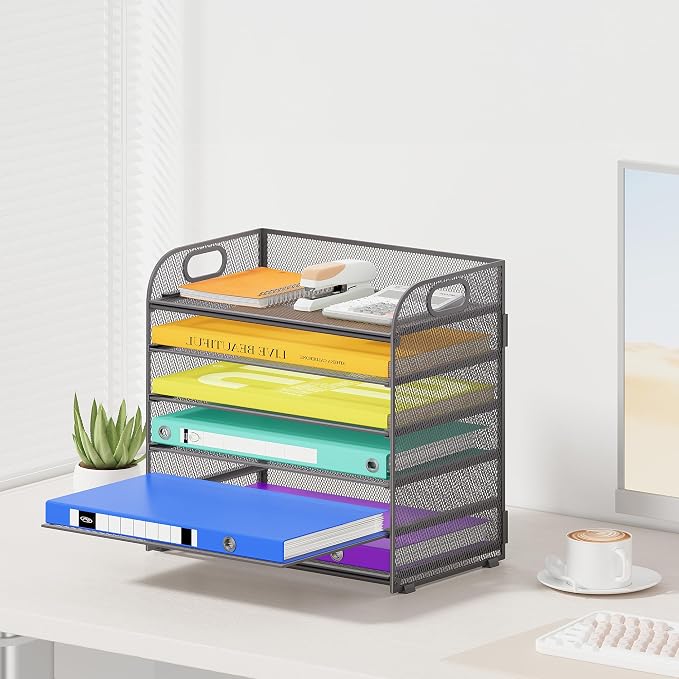 Cawukege 6 Tier Paper Organizer with Handle, Metal Desk Organizer Mesh Paper Letter Tray Desktop File Folder Document Sorter for Classroom, School, Office Accessories Storage (1, 6 Tier - Gray)