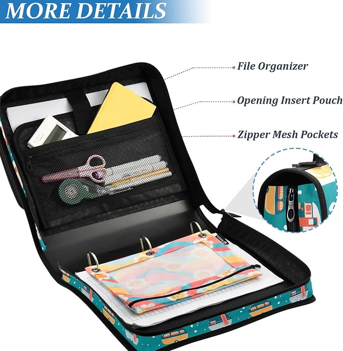 Fisyme Cartoon Camping Trailers Zipper Binder 3 Ring with Zipper and Shoulder Strap Large Capacity Multi-Pocket Zipper Binder Organizer