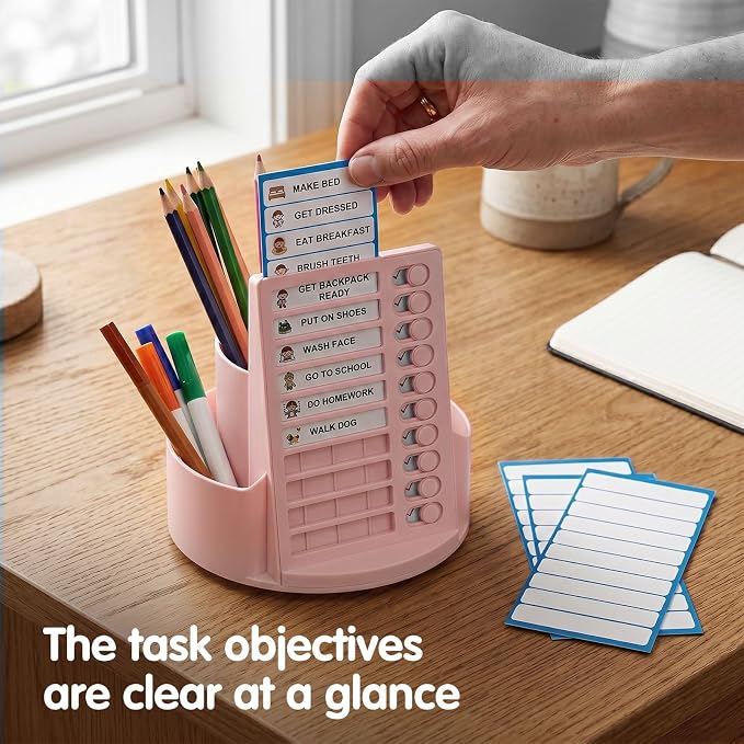 360 Rotating Pen Holder for Desk with Checklist Routine Chart Pencil Organizer To Do List Planning Board with Slider Pen Organizer with 7 Slots Desk Organizers and Accessories for Office School Home