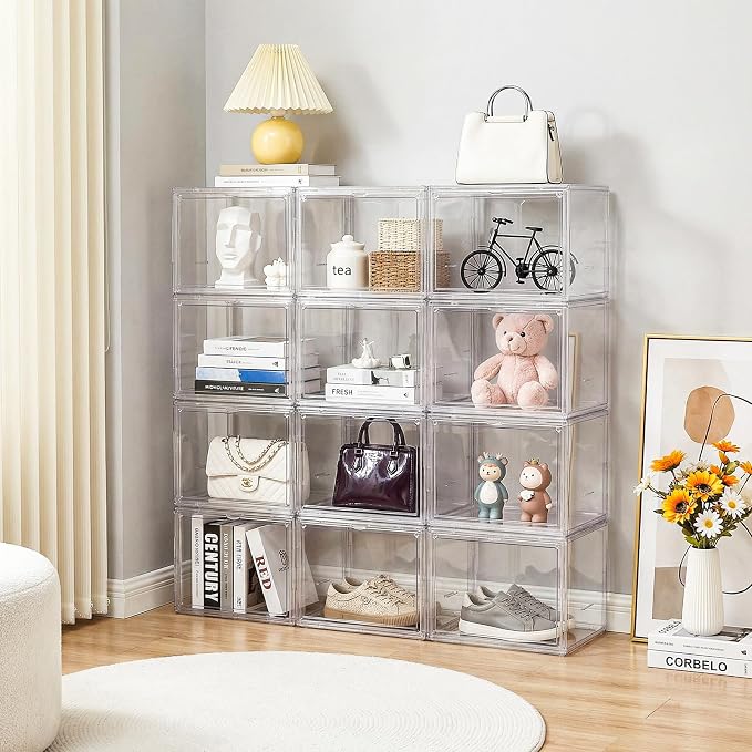 2 Pack Clear Acrylic Display Case, 3 Tier Small Adjustable Display Box, Collectible Showcase with Magnetic Door, Figure Storage Shelf, Stackable Purse Organizer for Closet, Book, Cosmetic