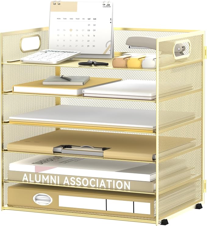 Daltack 6-Tier Paper Organizer for Desk with Handle, Gold | Sturdy Metal Mesh Organizer with Movable Middle Trays and a Carry Handle for Papers, Folders and Office Supplies