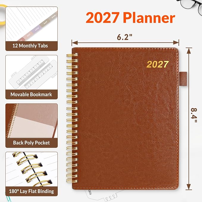 SUNEE 2027 Weekly & Monthly Planner 6.2"x8.5"- 12 Month (January 2027 - December 2027), Vegan Leather Cover, Pocket, Bookmark, Notes, Monthly Tab, Brown