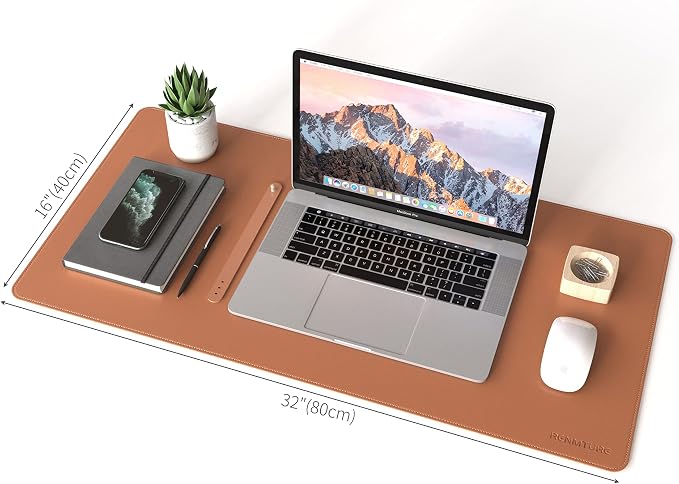 RENMTURE Dual-Sided Mouse Pad, Natural Cork & PU Leather Large Desk Pad for Office and Home Work, Desk Protector Non-Slip, Waterproof, Easy Clean (Brown, 32"x16")