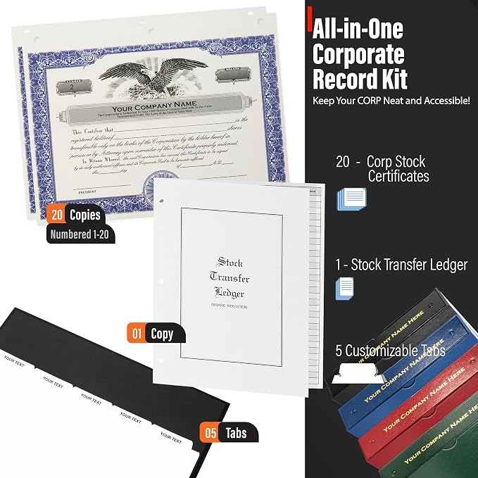Corporate Kit (Red) - Binder, Slipcase, Minutes & Bylaws, Stock Certificates with Stubs & Customizable Index Tabs