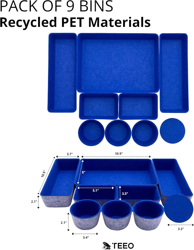 Teeo - Felt Drawer Organizer - Desk Accessories - Office Organization - Kitchen Organizer - Jewelry Tray Makeup Storage Drawer Organizers Home Desk Caddy Cosmetic Bins - Pack of 9, Royal Blue