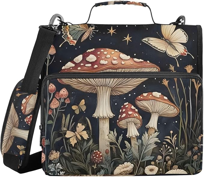 3 Ring Zipper Binder with Shoulder Strap Mushrooms Flowers Butterflies (2) 1.5 inch Binders Keeper Large Capacity Multi Pockets for School Office Supplies