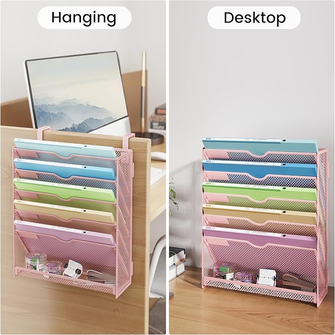 Pink Desk Organizer, Hanging Wall File Organizer with 6 Tiers | Metal Mesh Magazine & Mail Holder for Office Desk, Wall Mount Document Organizer for Home Decor