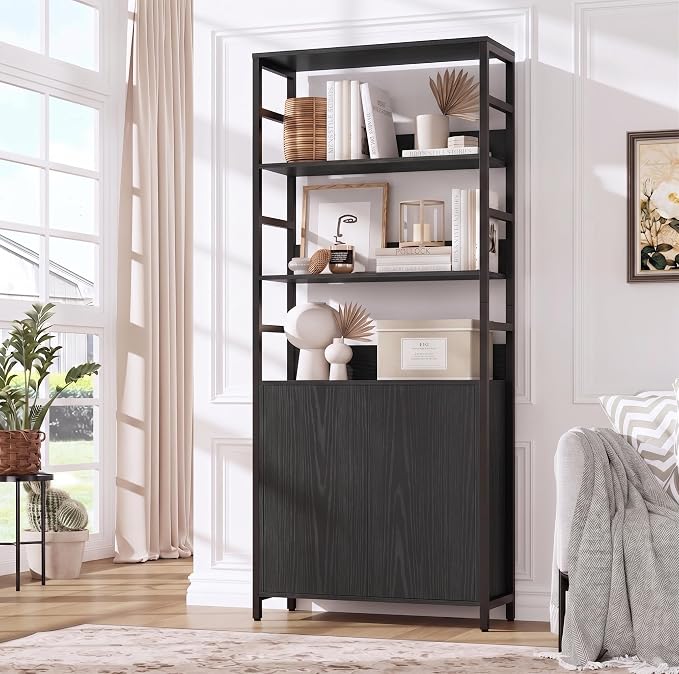 Garvee 71" Tall Bookshelf with Doors and Adjustable Shelf, Black | Industrial Display Standing Shelf Rack with 3-Tier Shelves, Bookcase with Protective Rails for Living Room, Office