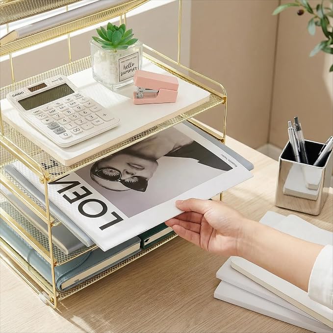 Desk Organizer, 6-Tier Paper Organizer Letter Tray, Gold | Desk Organizers and Accessories, Office Desk Accessories & Workspace Organizers, Desktop File Organizer for Office Supplies