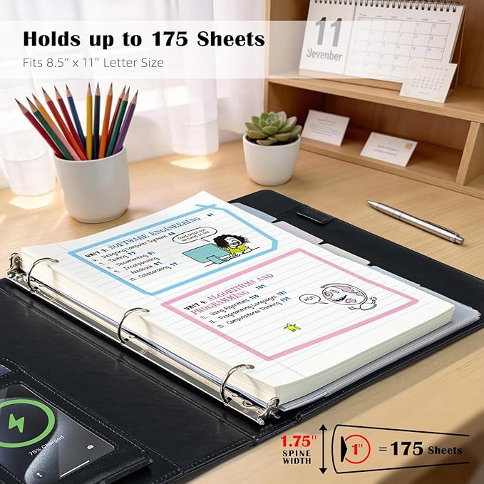 Ospelelf Leather 3 Ring Binder 1 Inch Round Ring, Vintage Black Magnetic Clipboard Binder with 5 Pocket Dividers, Storage Pouch, Professional Binder with Notepad (11" x 8.5") for Office School