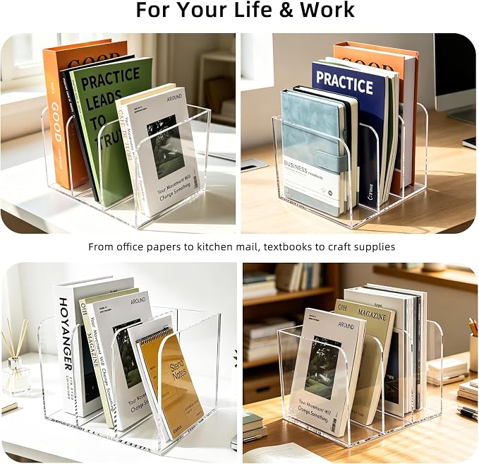 Clear Acrylic 3-Slot Magazine File Holder, Vertical Desk Organizer | 3 extra-wide compartments hold magazines, files, books, tablets. 5mm thick clear acrylic, non-slip base. No assembly.