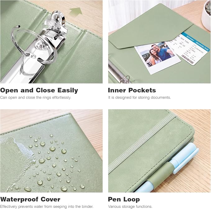 Ospelelf Vintage Hardcover 3 Ring 1 inch Leather Binder, Professional Binder Organizer Suitable for Letter Size, Binder Dividers with Tabs, Light Green